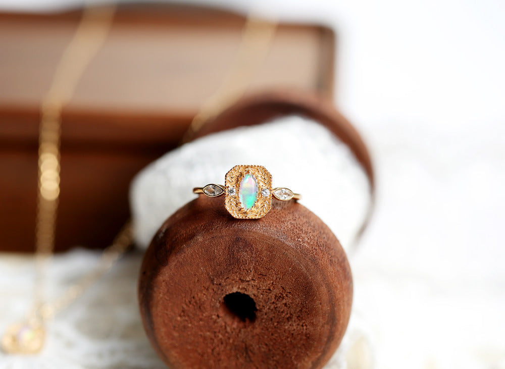 S925 Silver Wheat Ear Of Rice Opal Opal Ring Light Luxury Jewelry Pi-Mart