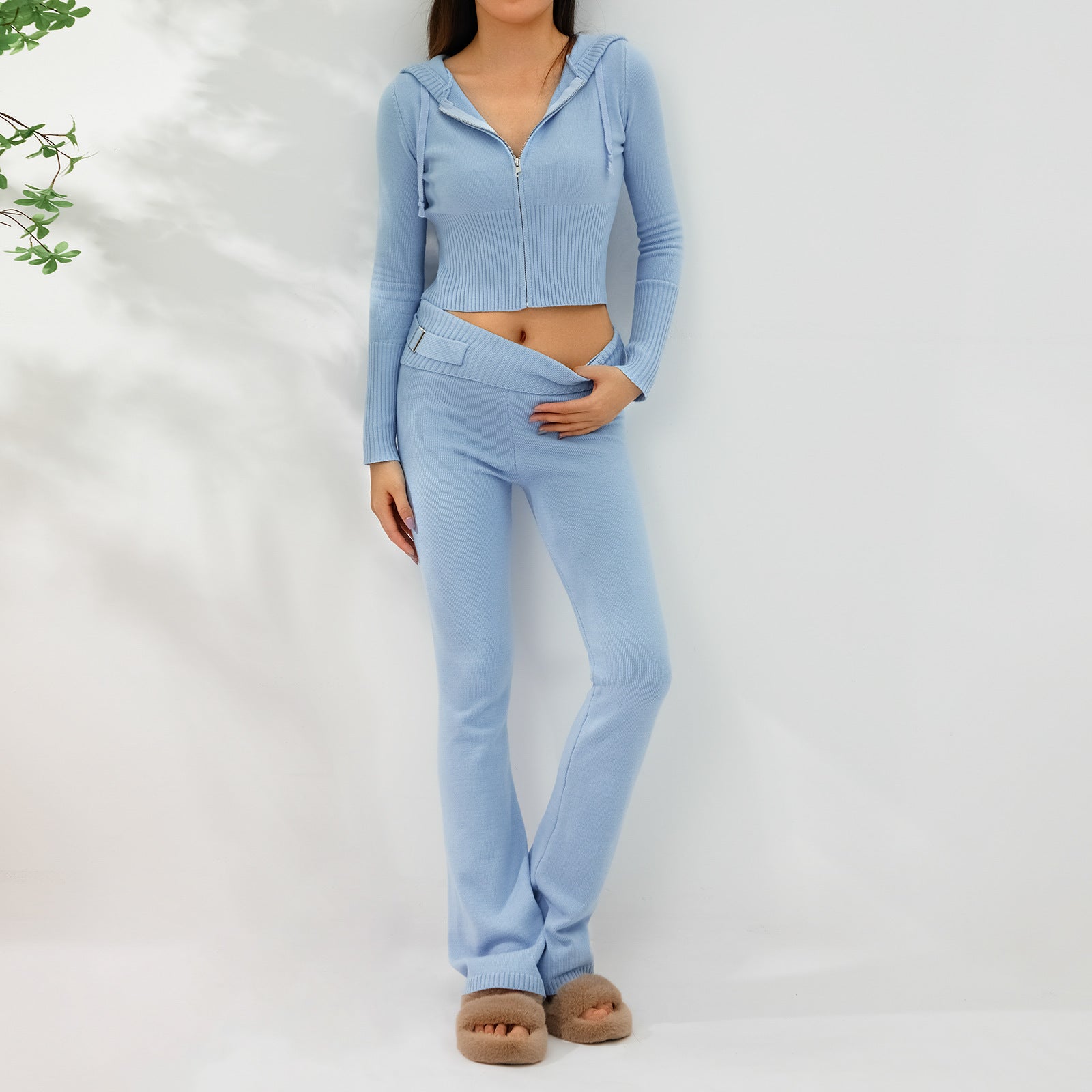 2pcs Knitted Hooded Suits Women's Long-sleeved Cardigan And High Waisted Trousers Clothing Pi-Mart