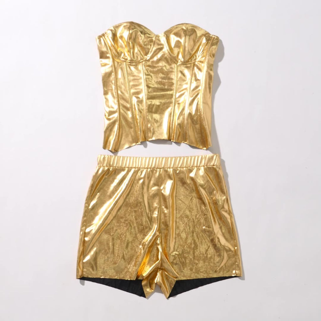 Faux Leather Metallic Body Shaping Tube Top Casual Shorts Two-piece Suit Pi-Mart