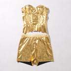 Faux Leather Metallic Body Shaping Tube Top Casual Shorts Two-piece Suit Pi-Mart