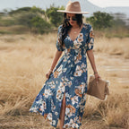 Floral Summer Beach Dress With V Neck Elastic Waist Dresses For Women Pi-Mart