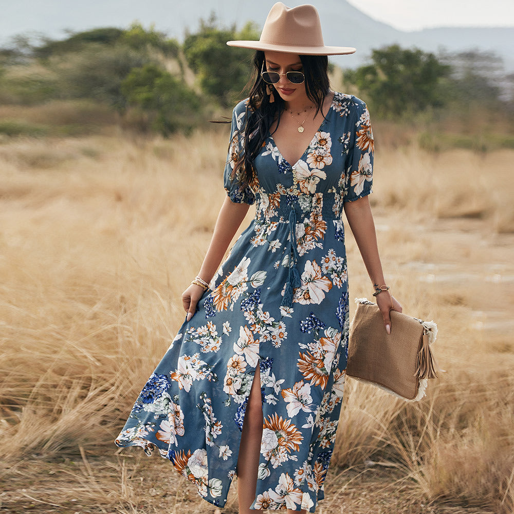Floral Summer Beach Dress With V Neck Elastic Waist Dresses For Women Pi-Mart