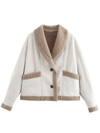 Fuzzy Collared Neck Long Sleeve Jacket with Buttoned Closure and Cozy Pockets Stevvex
