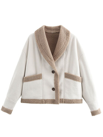 Fuzzy Collared Neck Long Sleeve Jacket with Buttoned Closure and Cozy Pockets Stevvex