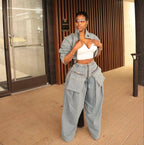 Denim Two Piece Sets Women Pant Set Y2k Streetwear Coats Jeans Elegant Matching Sets Coat Top Long Pants Jackets Streetwear Purplish Diva