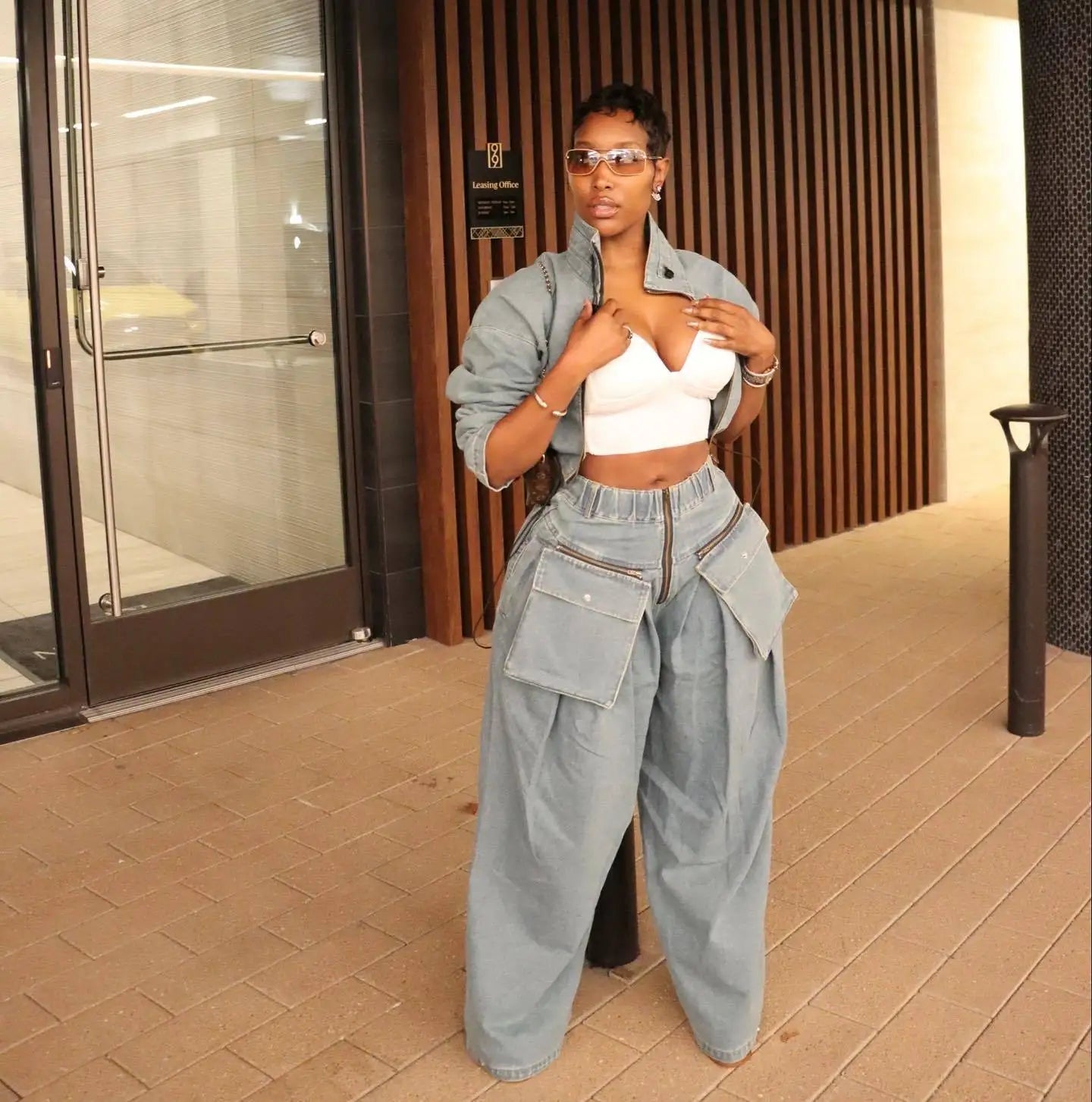 Denim Two Piece Sets Women Pant Set Y2k Streetwear Coats Jeans Elegant Matching Sets Coat Top Long Pants Jackets Streetwear Purplish Diva