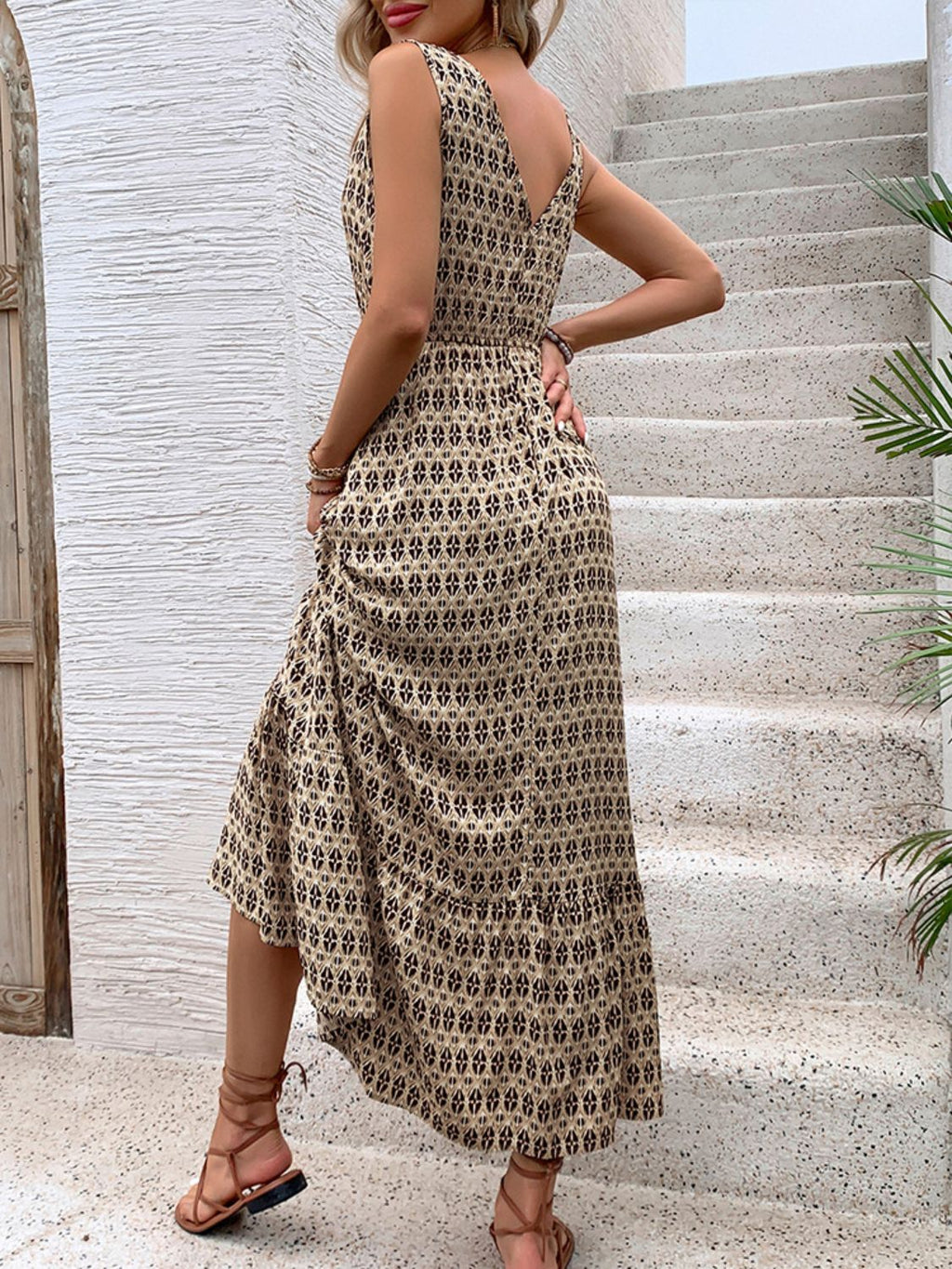 Vintage Printed V-Neck Tie Waist Midi Dress Lightweight Trendy & Elegant Dress for Women Stevvex