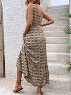 Vintage Printed V-Neck Tie Waist Midi Dress Lightweight Trendy & Elegant Dress for Women Stevvex