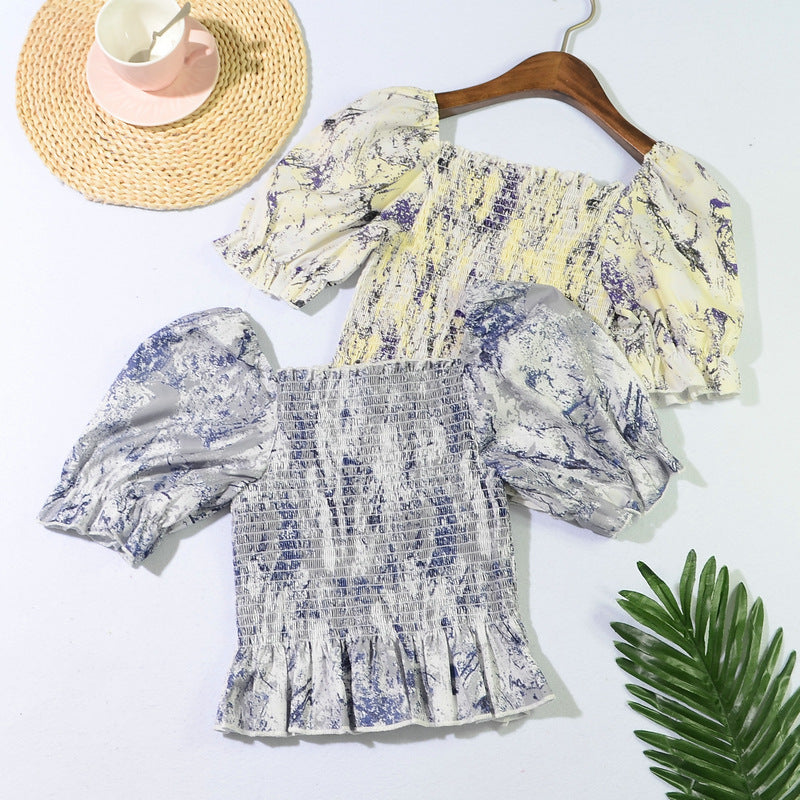 Slim Blouse French Style Tops Leaves Flower Print  Shirt women Elastic Body women's clothing official - SJB-DIAMOND ELITES