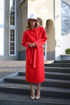 Band Collar Wool Blend Coat in Red - SJB-DIAMOND ELITES