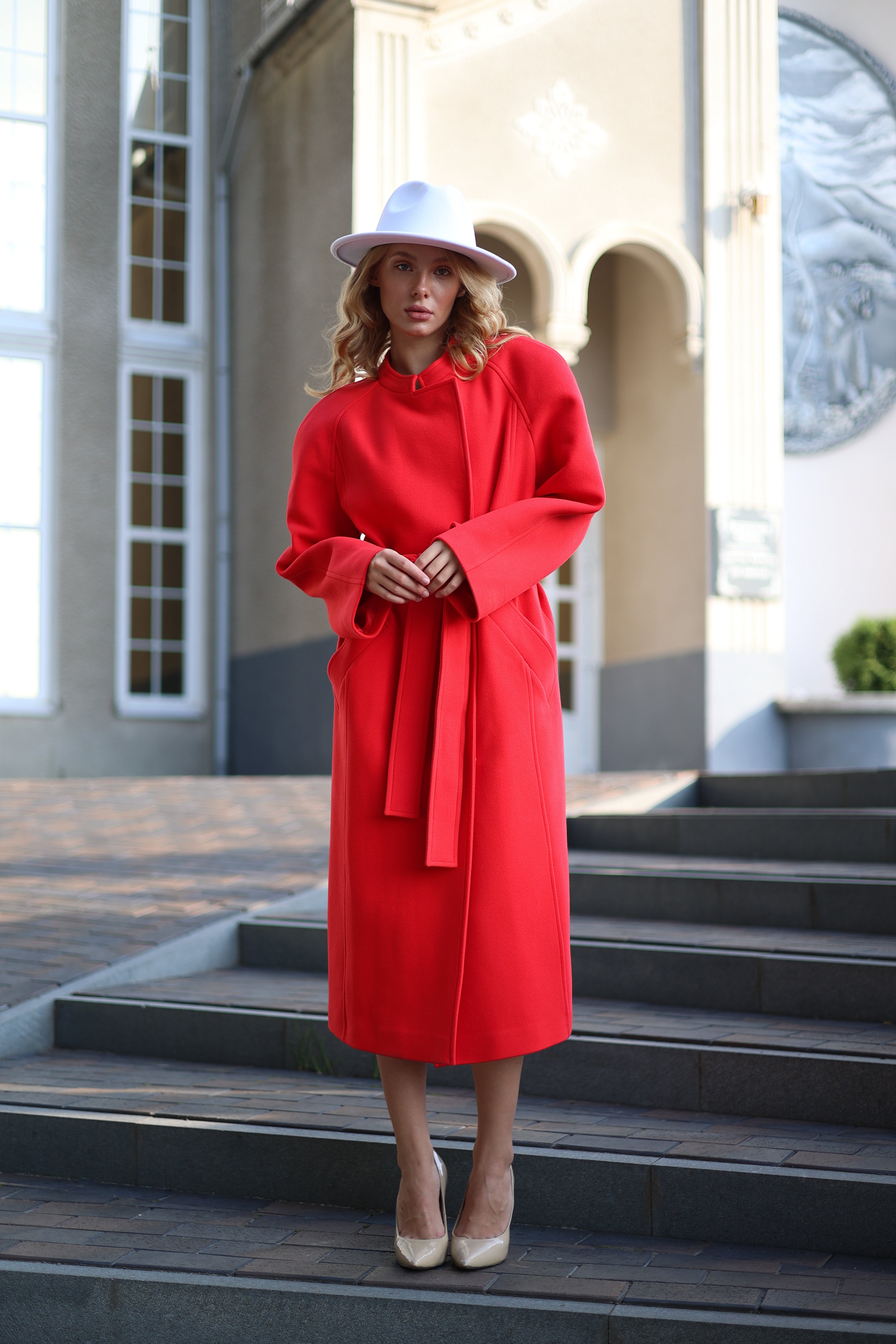 Band Collar Wool Blend Coat in Red - SJB-DIAMOND ELITES