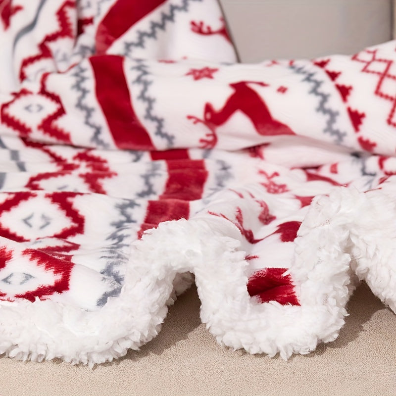 1pc Cozy Christmas Sherpa Blanket - Soft Plush Winter Cabin Throw Blanket for Boys and Girls - Holiday Reindeer Snowflakes Fleece Blanket with Warm and Fuzzy Texture for Cold Weather