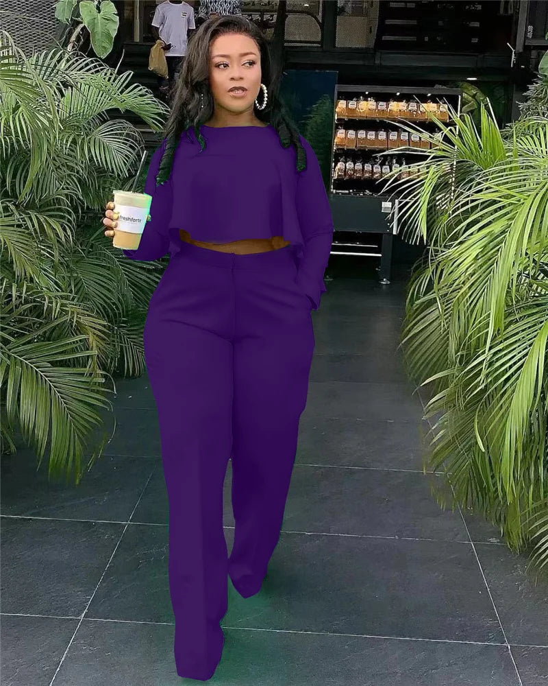 Elegant Work Wear Two Piece Set Fall Clothes for Women Ruffles Crop Top and Wide Leg Pants Suits Matching Sets Sexy Club Outfits Purplish Diva