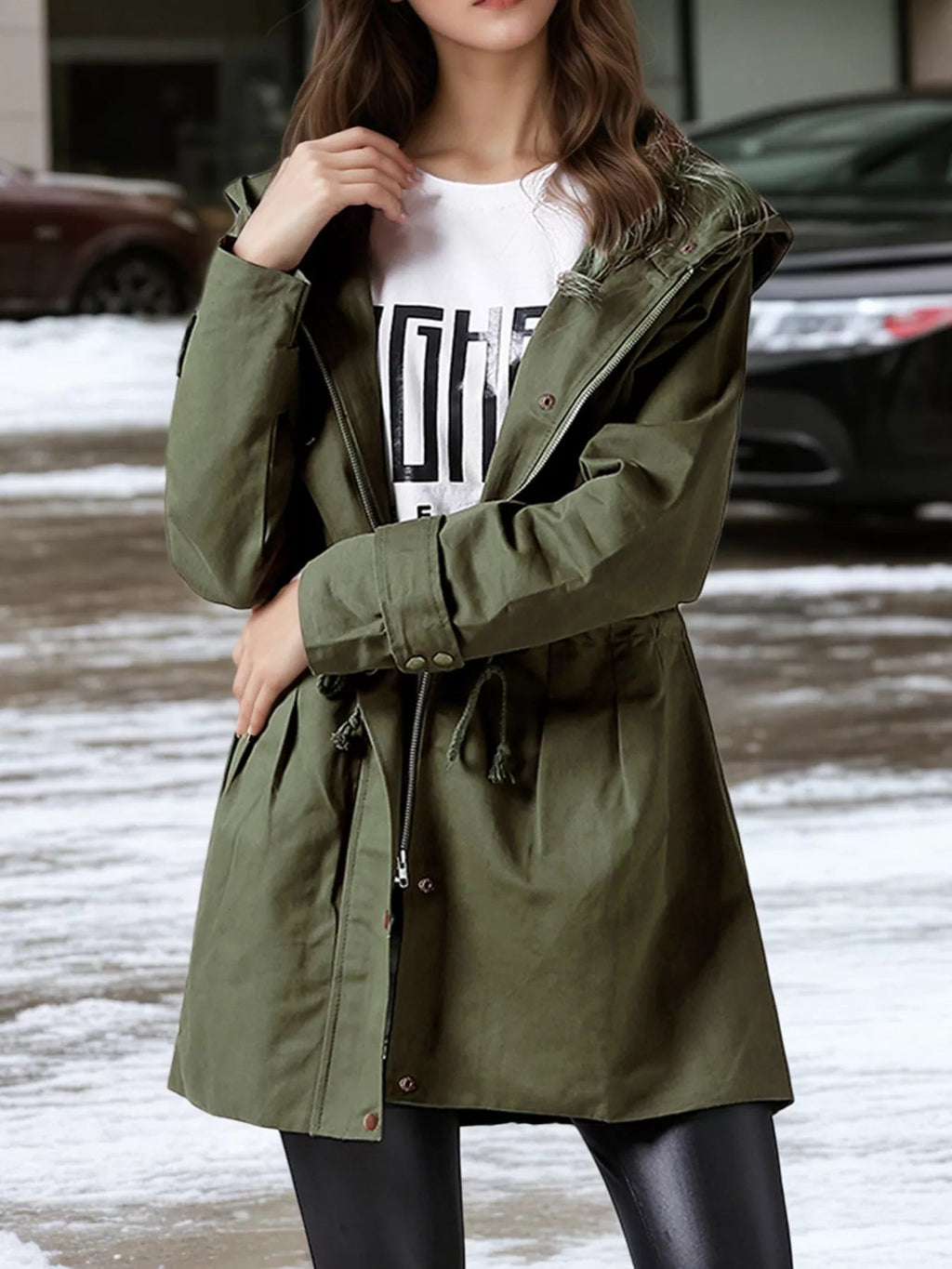 Plus Size Hooded Drawstring Waist Trench Coat THRIXINE