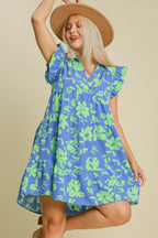 Romantic Full Size Floral Print Dress Ruffle Cap Sleeve Dress Plus Size Summer Lightweight Dress