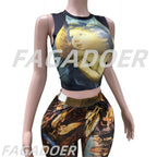 FAGADOER Fashion Print 2 Piece Sets Woman Outfit Oil Painting Sleeveless Crop Top And Pants Female Streetwear Summer Spring New Purplish Diva