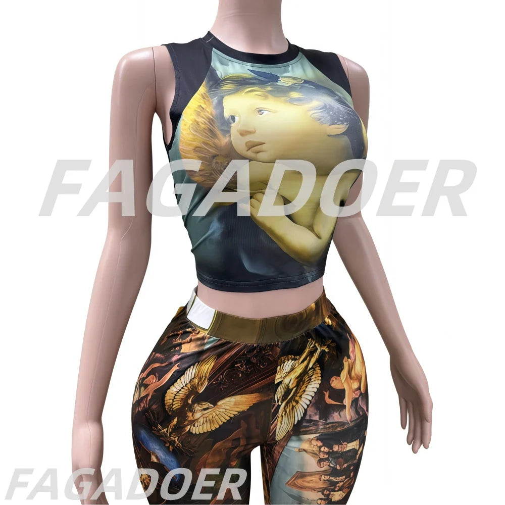 FAGADOER Fashion Print 2 Piece Sets Woman Outfit Oil Painting Sleeveless Crop Top And Pants Female Streetwear Summer Spring New Purplish Diva