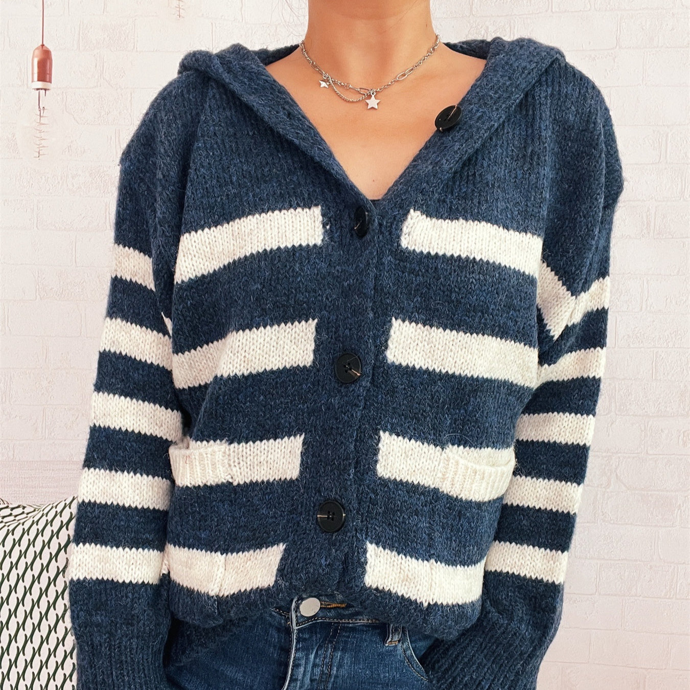 Casual Loose Plus-sized Hooded Single-breasted Long Sleeve Sweater For Women Pi-Mart