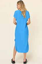 Double Take Full Size Round Neck Short Sleeve Slit Dress Stylish & Comfortable Casual Dress Stevvex