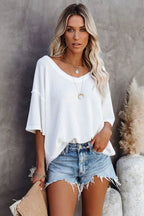 Blue Exposed Seam Drop Sleeve V Neck Waffle Textured Top