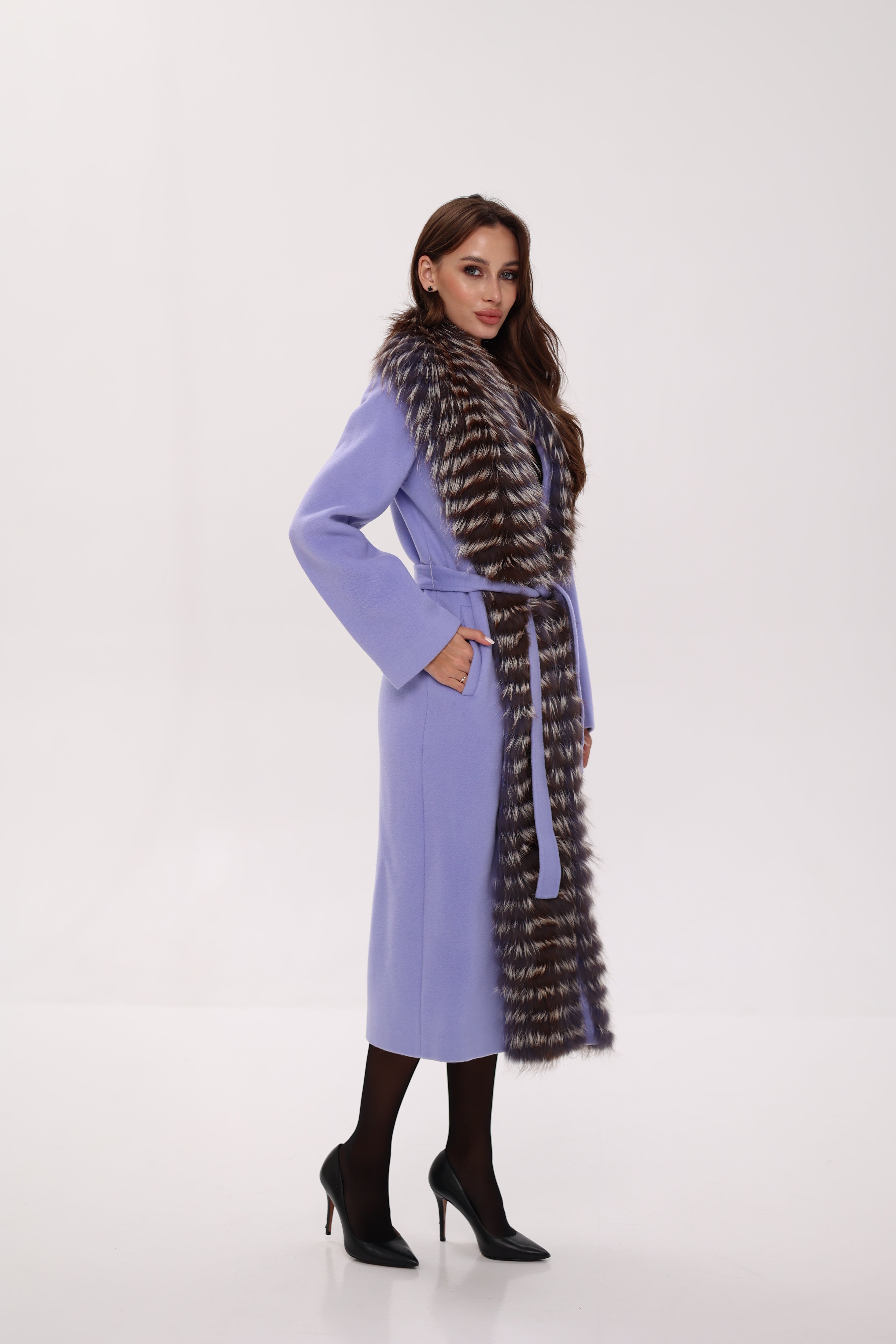 Genuine Silver Fox Virgin Wool Wrap Coat in Lavender - SJB-DIAMOND ELITES