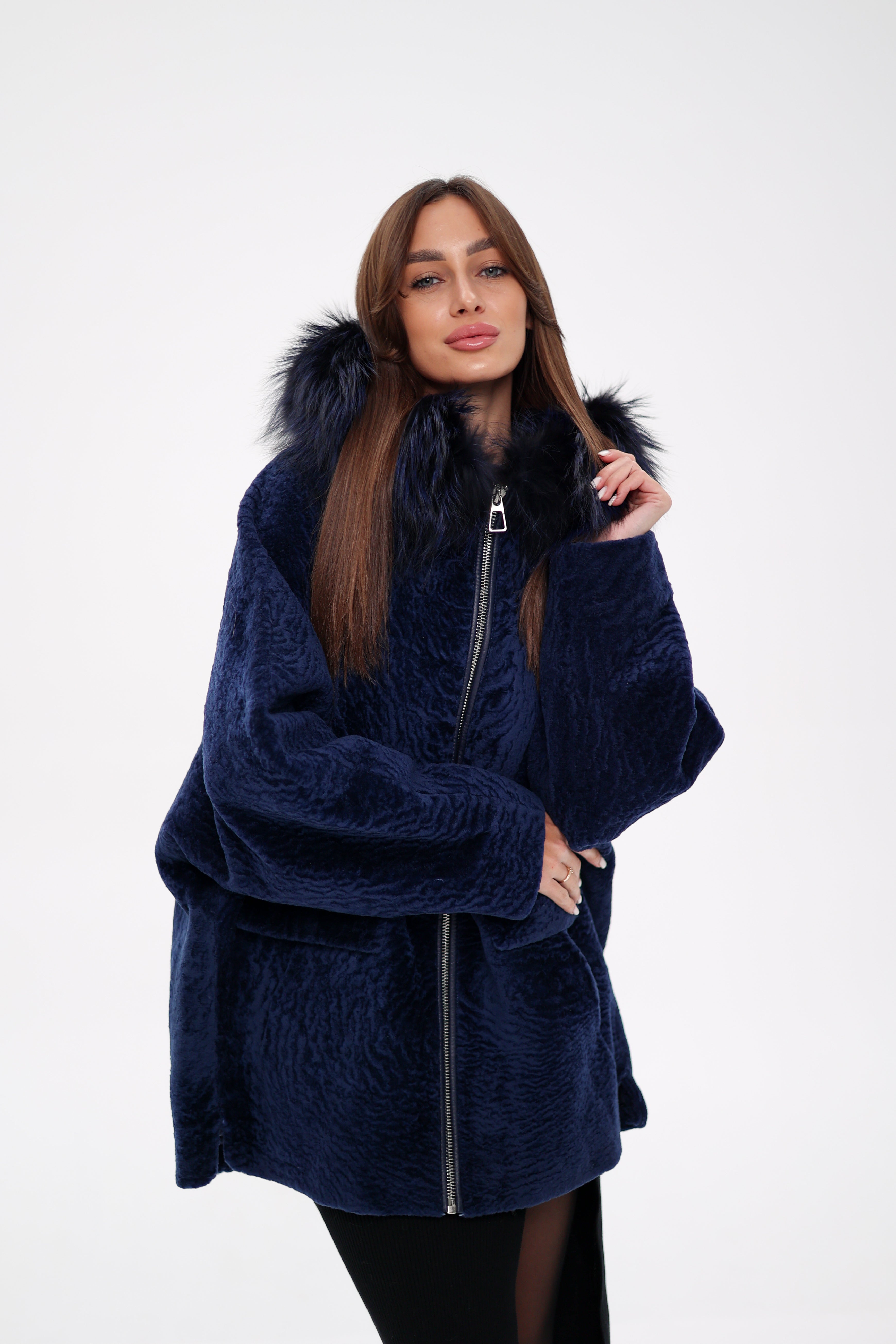Genuine Shearling Silver Fox Trim Jacket - SJB-DIAMOND ELITES