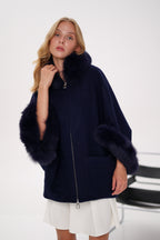 Genuine Polar Fox Fur Cashmere Blend Poncho in True Navy - SJB-DIAMOND ELITES