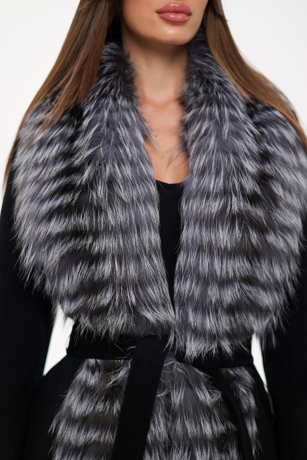 Genuine Silver Fox Virgin Wool Wrap Coat in Black - SJB-DIAMOND ELITES