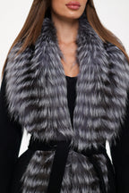 Genuine Silver Fox Virgin Wool Wrap Coat in Black - SJB-DIAMOND ELITES
