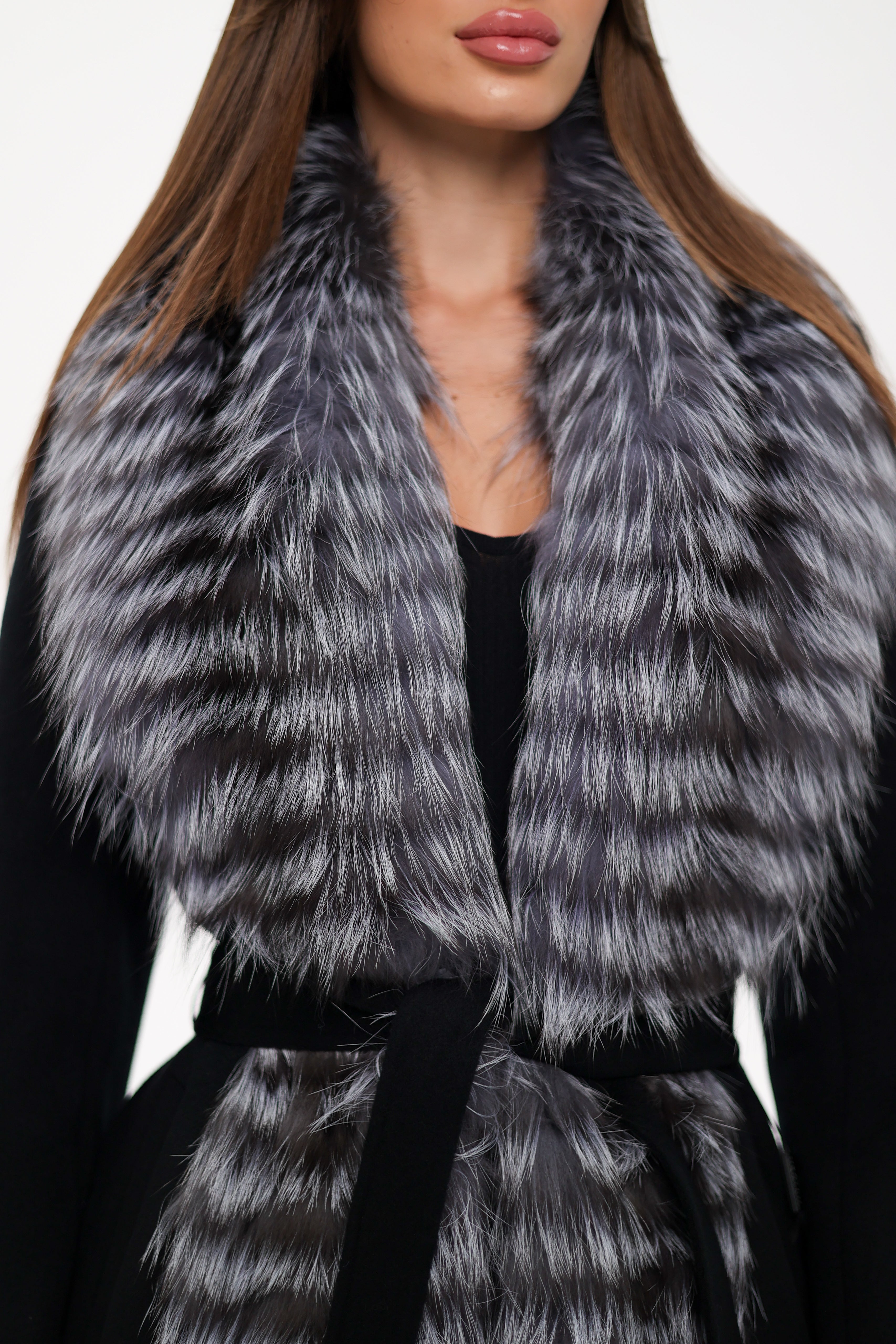 Genuine Silver Fox Virgin Wool Wrap Coat in Black - SJB-DIAMOND ELITES