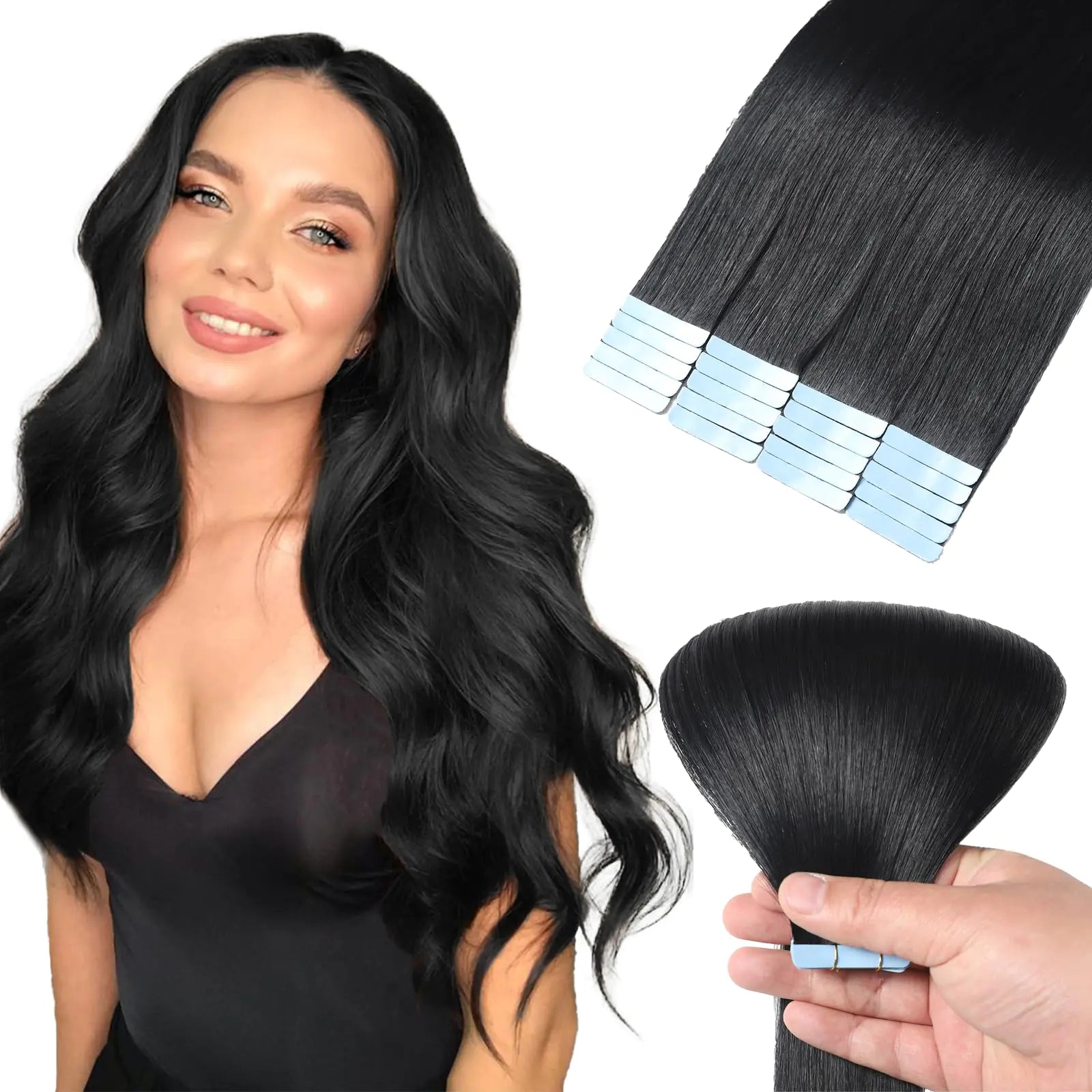 Mifes Tape in Hair Extensions Human Hair Jet Black #1 20pcs/50g 20 Inch Hair Extensions Real Human Hair Natural Hair Extensions Straight Hair Extensions for Black Pi-Mart
