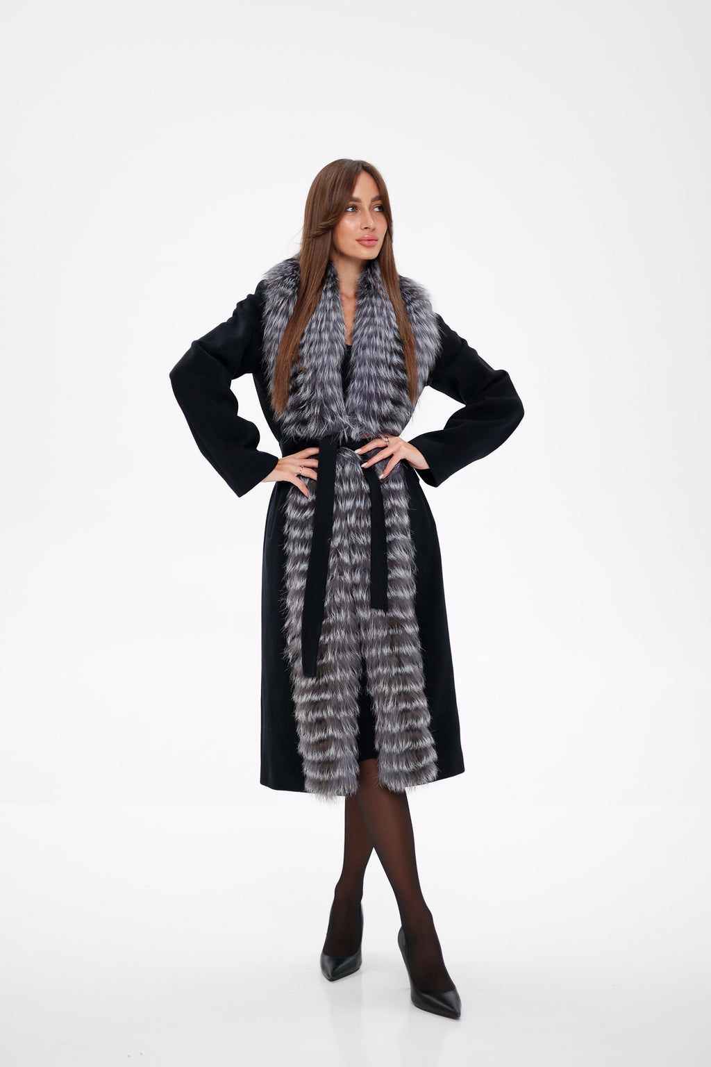 Genuine Silver Fox Virgin Wool Wrap Coat in Black - SJB-DIAMOND ELITES
