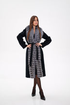 Genuine Silver Fox Virgin Wool Wrap Coat in Black - SJB-DIAMOND ELITES
