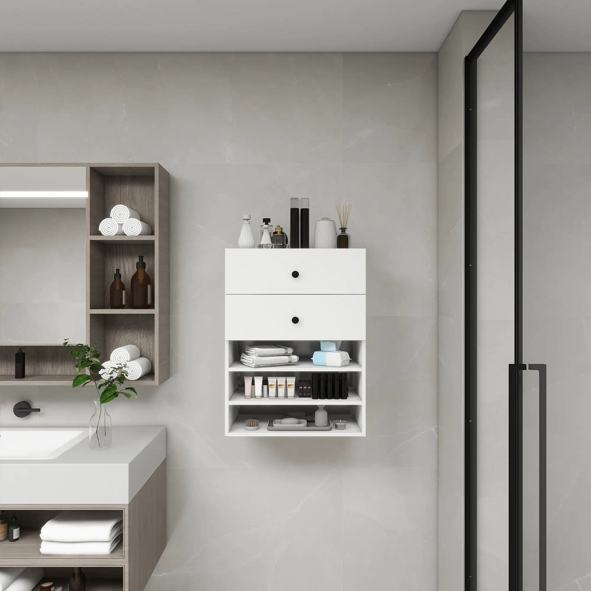 C1 Modular Wooden Closet Organizer System with 2 Drawers 3 Shelves Wall Mount Shelving for Walk in Closet Bedroom Organization Built in Clothes Storage White 23.62''W x 16.04''D x 31.49''H Pi-Mart