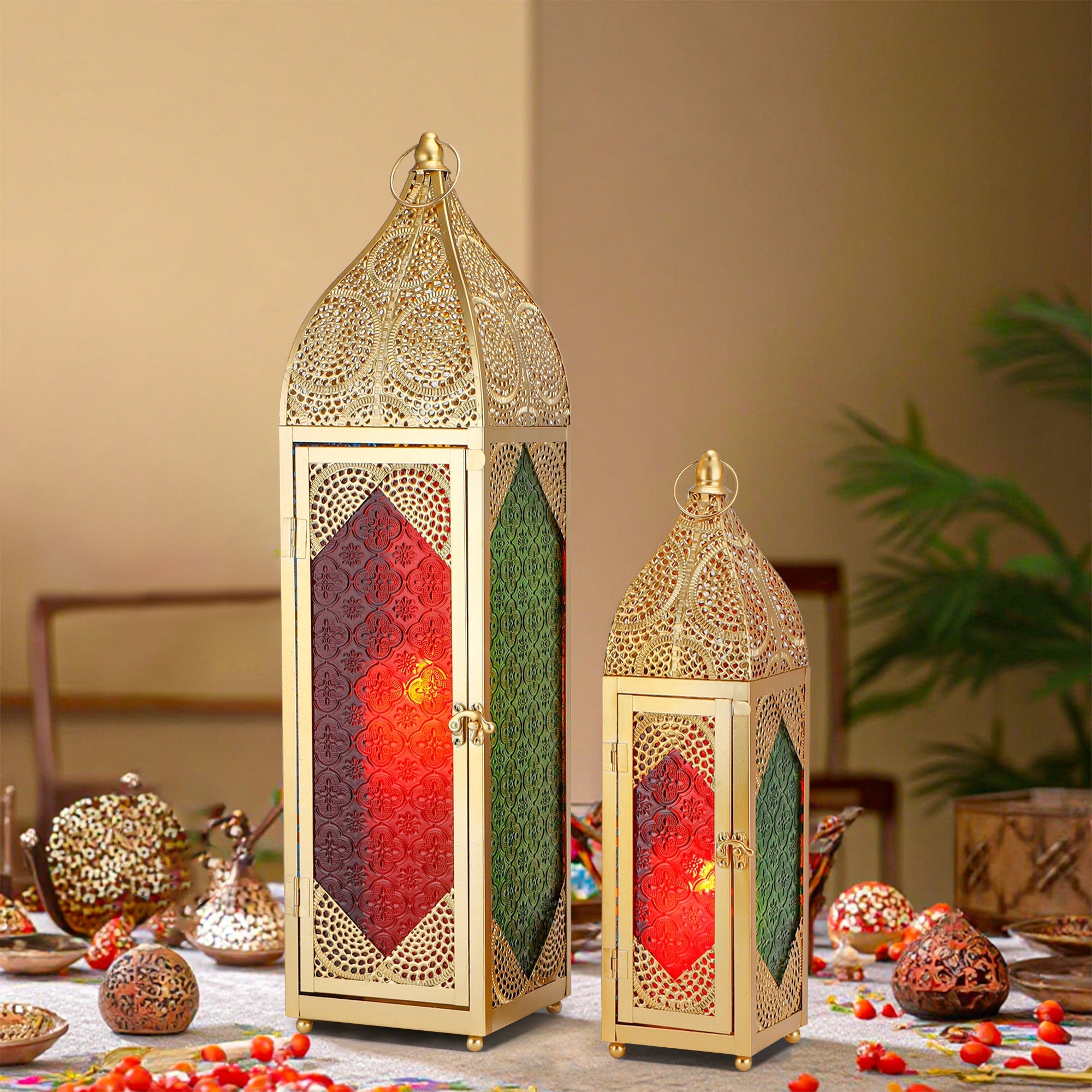 Set of 2 Moroccan Candle Lanterns - 23''&15.5'' H, Hanging, Embossed Colored Tempered Glass, Ramadan Decor for Home, Indoor/Outdoor, Patio & Weddings
