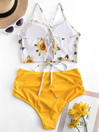High Waist Bikini Sunflower Swimsuit Women Bikini Floral Swimsuit Floral Crop Tie Knot Front High Waist Bikini Set Two Piece Swimsuit For Women  Summer High Waisted Bathing Suit Stevvex