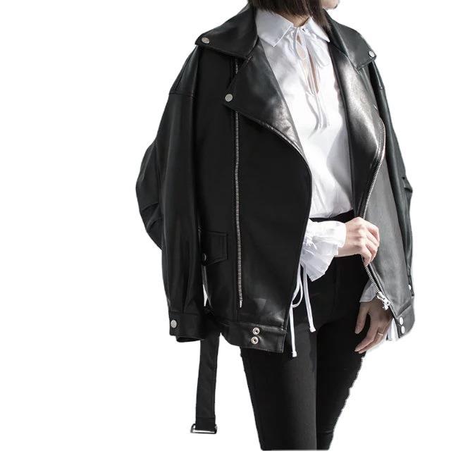 PU Faux Leather Jacket Women Loose Sashes Casual Biker Jackets Outwear Female Tops BF Style Black Leather Jacket Coat Stevvex