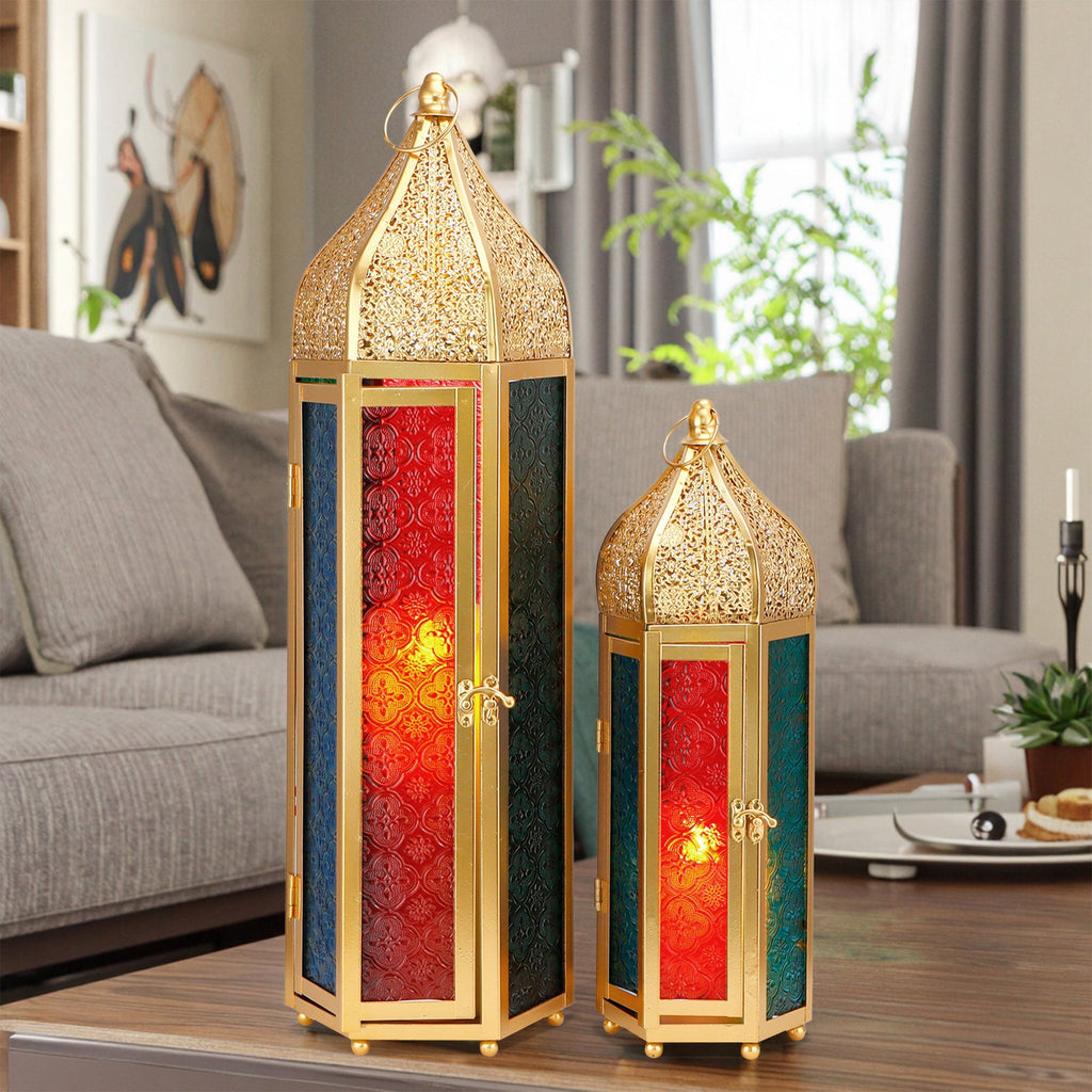 Set of 2 Decorative Ramadan Candle Lanterns - Metal, Tempered Glass, Hanging Tealight, Moroccan Style, Indoor/Outdoor Party Decor Lootquake LLC