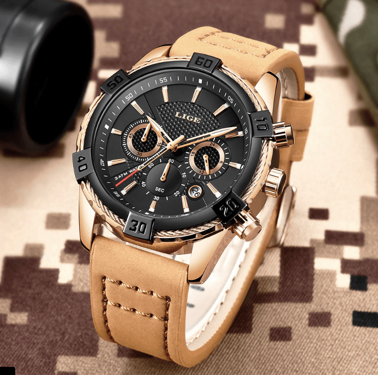 Men's Waterproof Watch With Chronometers Date Display Gold Detail Excellent Background Perfect Gift Stevvex