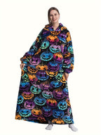 Plus Size Pumpkin Print Flannel Blanket Hoodie - Soft, Cozy, Plush, Hooded, Winter Outwear for Women with Halloween Theme Lootquake LLC