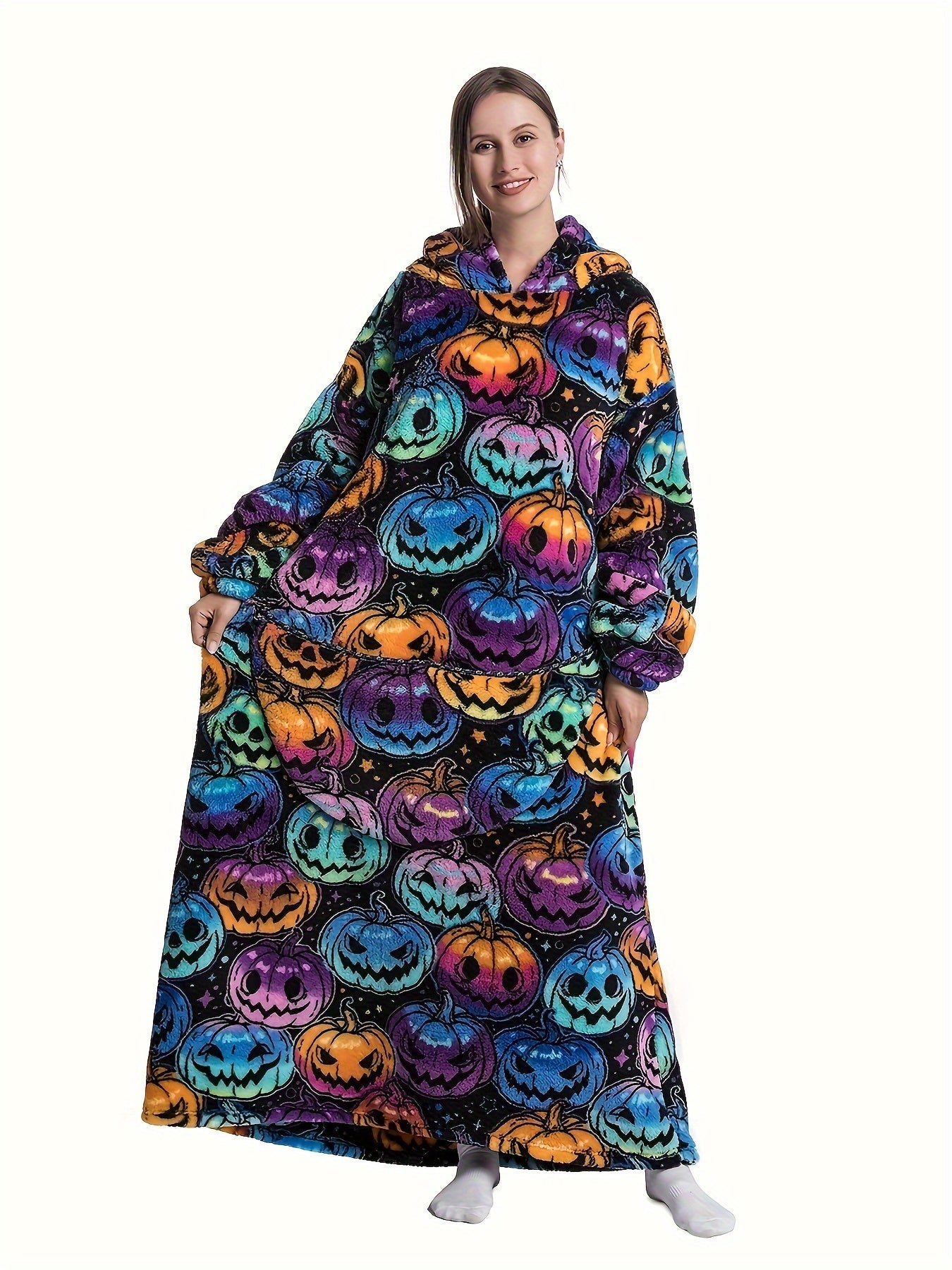 Plus Size Pumpkin Print Flannel Blanket Hoodie - Soft, Cozy, Plush, Hooded, Winter Outwear for Women with Halloween Theme Lootquake LLC