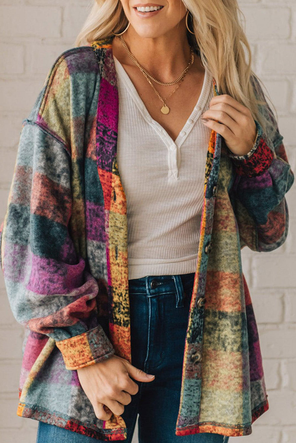Multicolor Brushed Checked Western Buttoned Jacket Lootquake LLC
