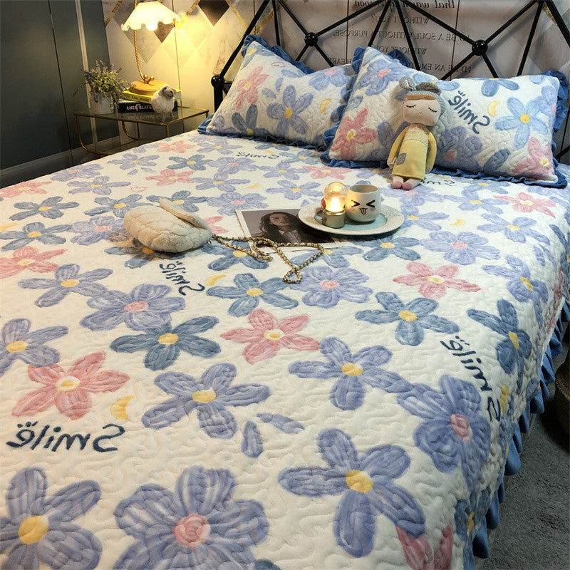 Warm Sunflower Milk Pile Bed Cover Three Piece Set Pi-Mart