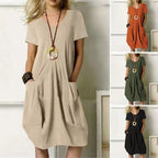 Women's Dress With Pockets Cotton Linen Solid Color Loose Round Neck Short Sleeve Dress Summer Pi-Mart