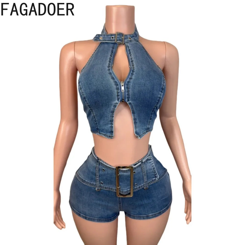 FAGADOER Y2K Sexy Denim 2 Piece Sets Woman Outfit Zipper Sleeveless Backless Halter Crop Top and Shorts Suits Female Streetwear Purplish Diva