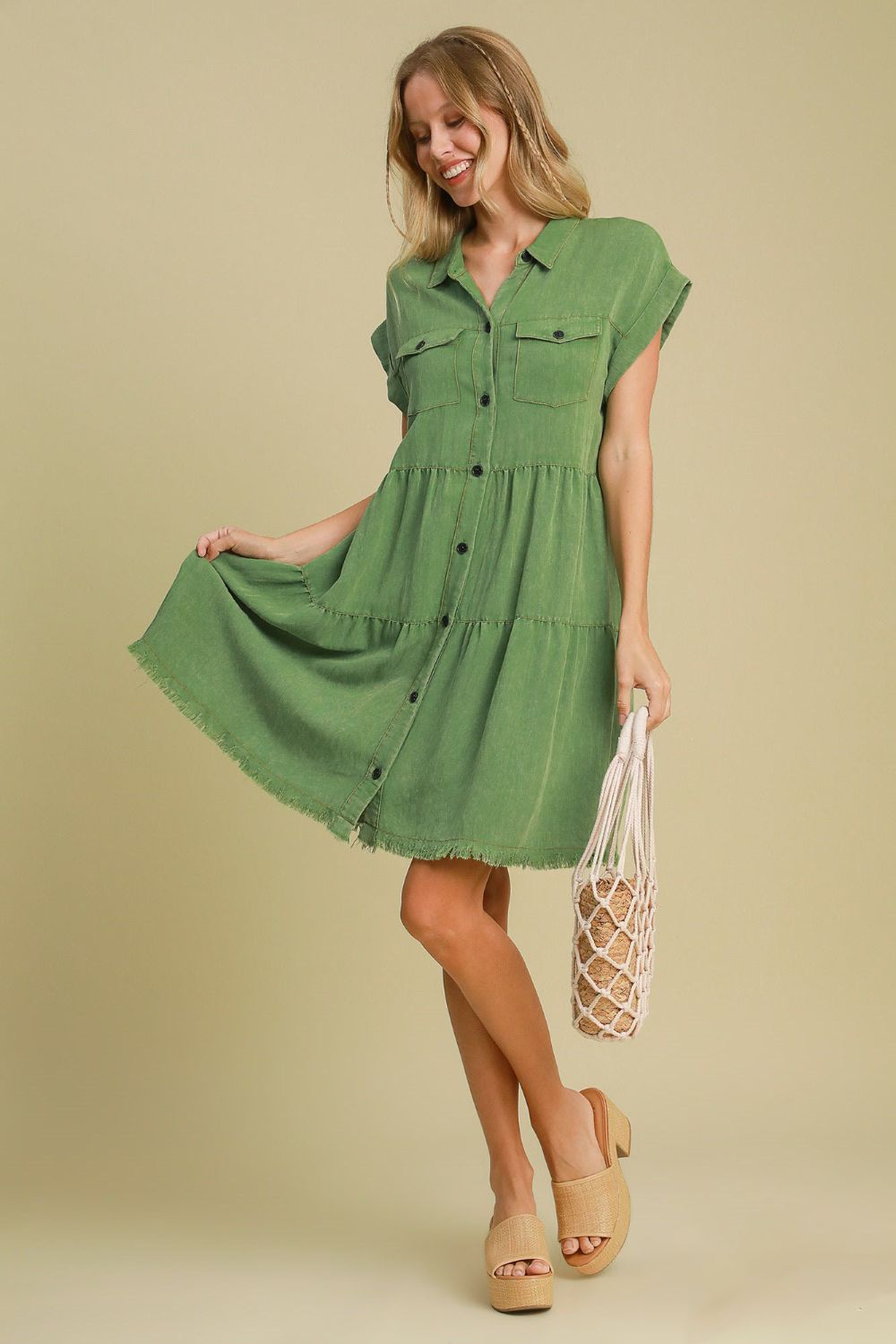 Green Full Size Button-Down Shirt Dress Plus Size Casual & Simple Lightweight Dress Stevvex