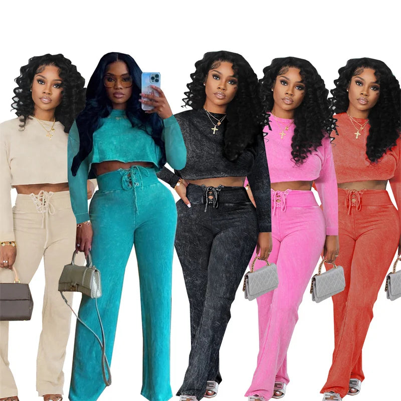 Solid Casual Two Piece Set for Women Sweatsuit Sporty Fitness Long Sleeve Top and Lace-up Wide Leg Pants Joggers Tracksuit Fall Purplish Diva