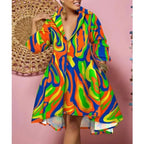 Women Sexy Fashion Printed Shirt Dresses Chic V Neck Loose Long Sleeve Dress Causal Vacation Female Mini Vestidos Robe Clothing Purplish Diva