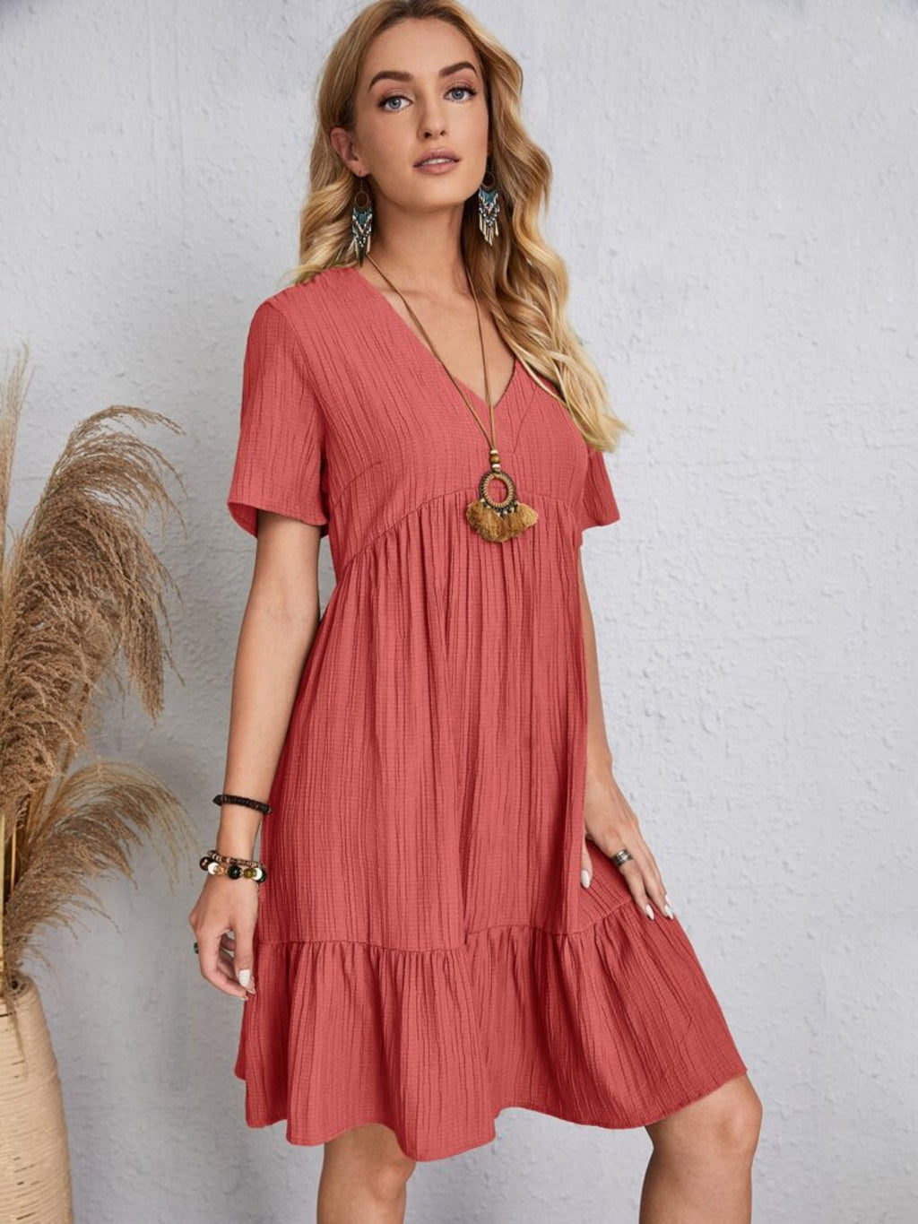 Classic Full Size V-Neck Short Sleeve Dress Casual & Comfortable Dress for Women Stevvex
