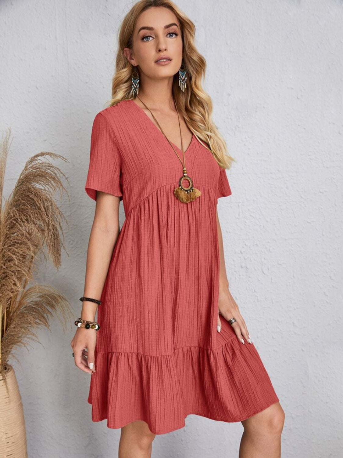 Classic Full Size V-Neck Short Sleeve Dress Casual & Comfortable Dress for Women Stevvex